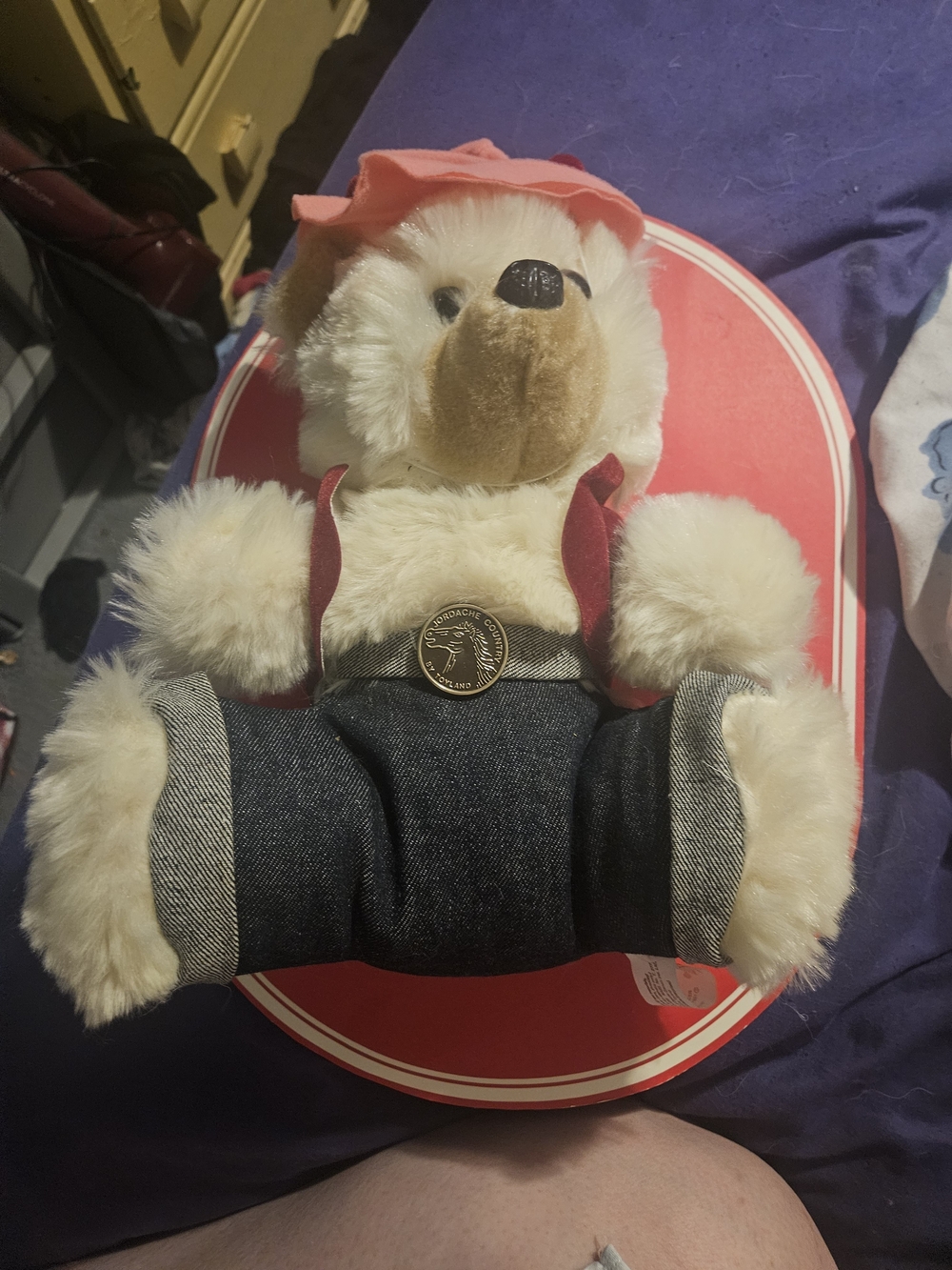 Jordache Cream Teddy Bear with Pink Hat and Denim Overalls